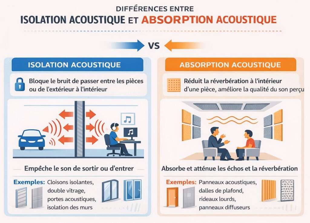 différences entre isolation acoustique et absorption acoustique